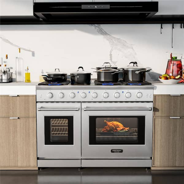 48 in. 7-Burners Natural Gas Double Oven Electric Range Burner Grate in Silver Freestanding