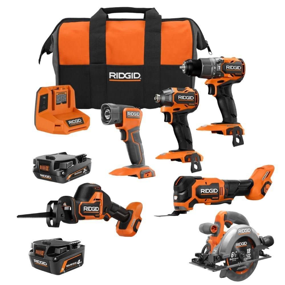Ridgid "18V NUKE SubCompact Brushless 6-Tool Combo Kit w/ 18V NUKE Multi-Tool, 18V 6-1/2"" Circular Saw, (2) Batteries & Charger"