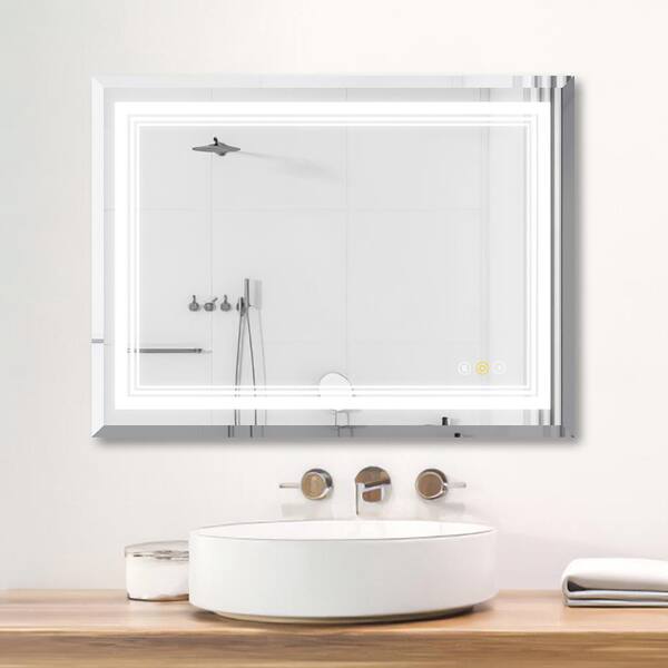 stufurhome NT 48 in. W x 36 in. H Rectangular Frameless 3-Colors Dimmable LED Anti-Fog Memory Wall Mount Bathroom Vanity Mirror