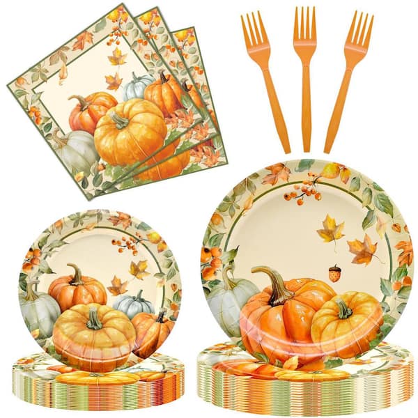 96-Piece Thanksgiving Fall Paper Plate and Napkin Set with Forks, Serves 24 Guests