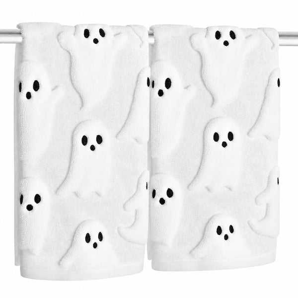 White Ghost Cotton Hand Towels Set for Halloween Kitchen and Bathroom Seasonal Decor, 2 Pack
