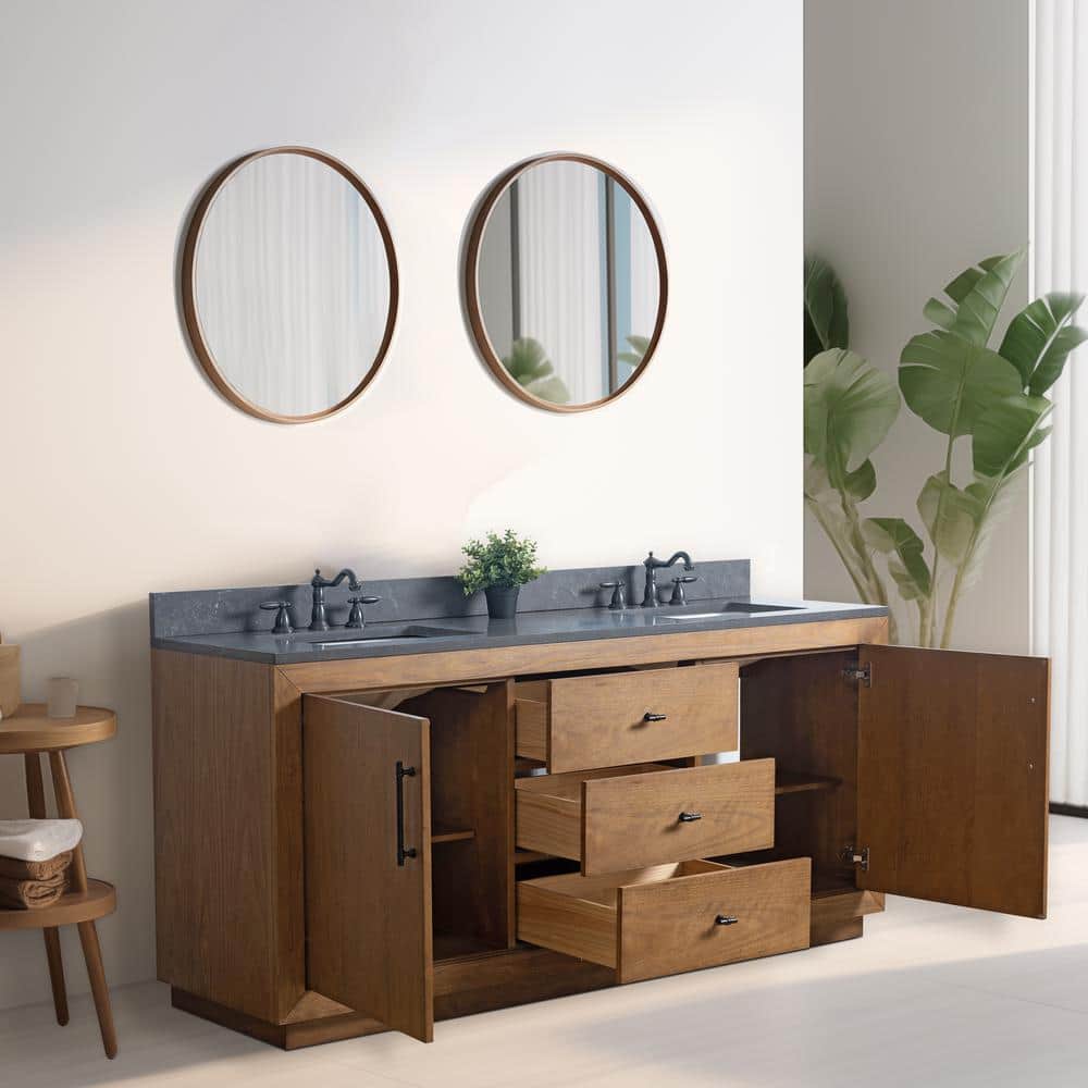 72" Tan and Black Limestone Double Sink Bathroom Vanity
