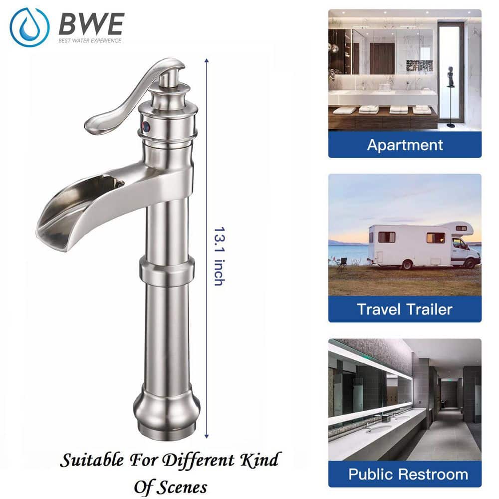 Brushed Nickel Waterfall Spout Single Handle Vessel Faucet