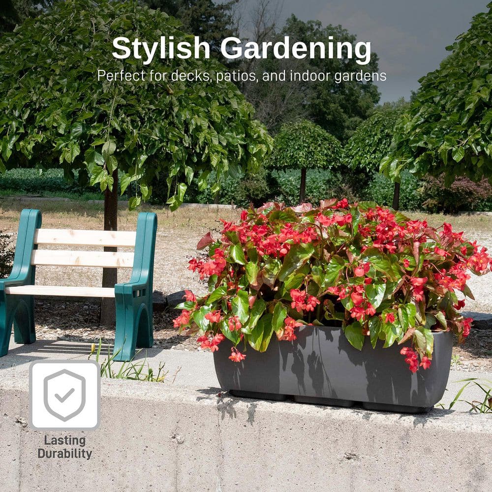 Graphite Polyethylene Rectangular Planter with Wrought Iron Stand