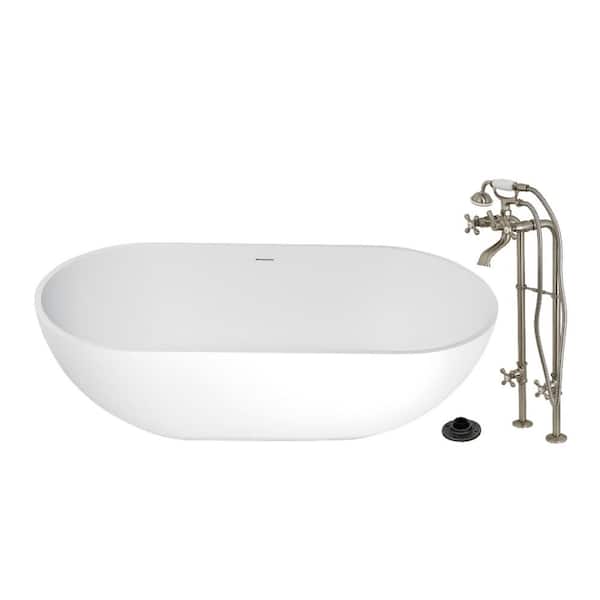 Arcticstone 70.1 in. x 34.6 in. Surface White Stone Flatbottom Soaking Freestanding Bathtub in White/Brushed Nickel