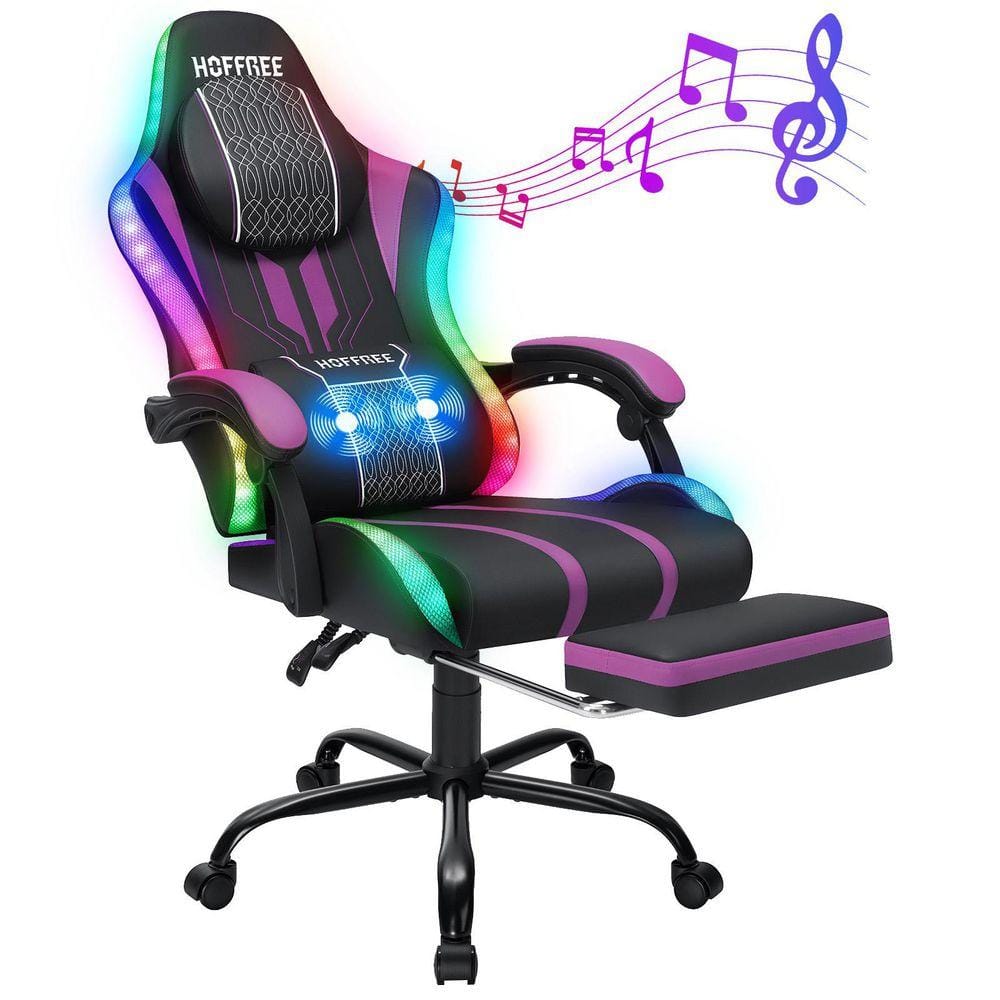 Big and Tall Faux Leather Led Gaming Chair with Speakers and Massage Ergonomic Game Chair in Black&Purple with Footrest