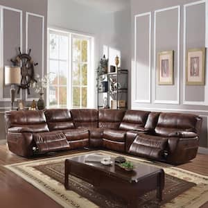 Brax 120 in. Pillow Top Arm Leather L-Shaped Reclining Sofa in 2-Tone Brown Synthetic Leather