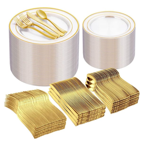 Clear Gold Plastic Dinnerware Set 600 Pcs for 100 Guests, 100 Dinner Plates 10in, 100 Dessert Plates 7in