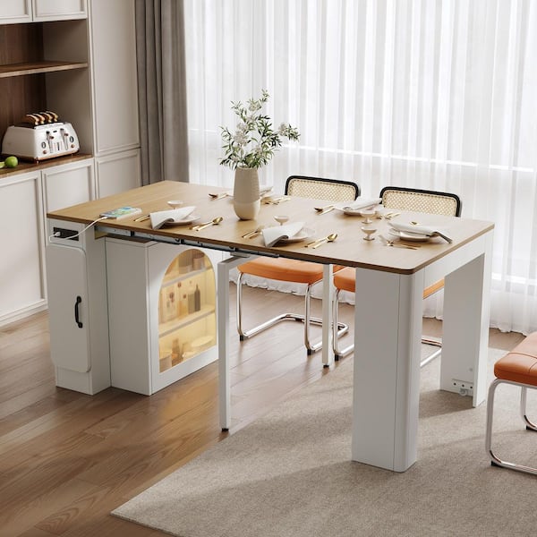 Brelith Modern White and Natural Wood 4 Legs Extendable Dining Table with Removable Leaves, Storage Cabinet, Seats 4/5