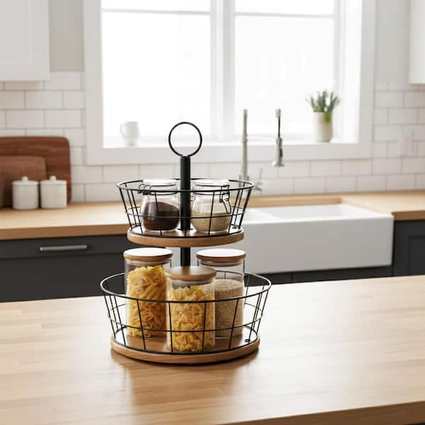 12 in. 2-Tier Sturdy Iron Wire Fruit Bowl with Real Wood Base for Kitchen Counter Vegetable Storage, Black