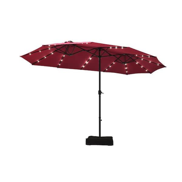 ANGELES HOME 15 ft. Steel Market Solar LED Double-Sided Patio Umbrella with Weight Base in Wine