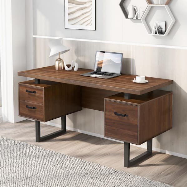 Merax 59 in. W Rectangular Brown Wood 3 Drawer Computer Desk Merax 59 in. W Rectangular Brown Wood 3 Drawer Computer Desk