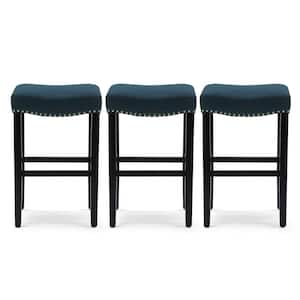 Jameson 29 in Bar Height Black Wood Backless Nail Head Barstool with Upholstered Navy-Blue Linen Saddle Seat (Set of 3)