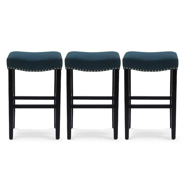 Jameson 29 in Bar Height Black Wood Backless Nail Head Barstool with Upholstered Navy-Blue Linen Saddle Seat (Set of 3)