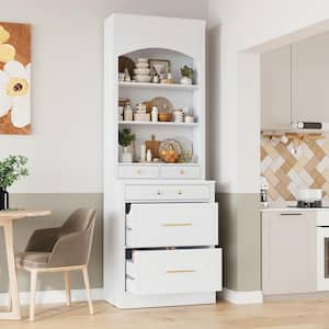 83.7 in. H White Wood Pantry Organizer Freestanding Kitchen Hutch with Faux Marble Top, 5-Drawers, Adjustable Shelf