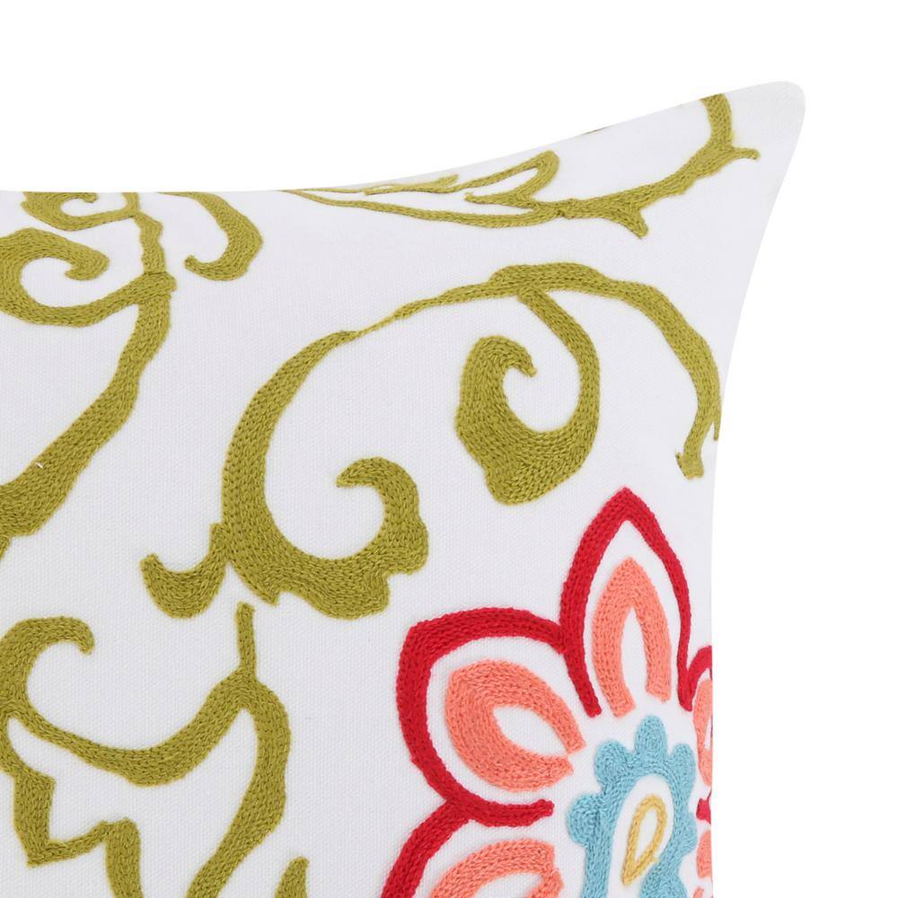 Clementine Vibrant Embroidered Floral Square Pillow 18x18in