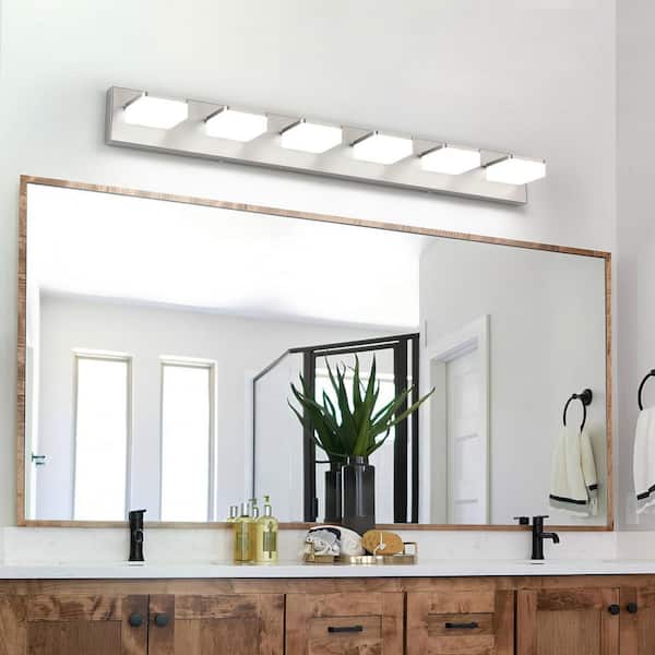 38.98 in. 6-Light Nickel Vanity Light with Dimmable 5500K Light and 270° Swivel Range Acrylic Lampshade