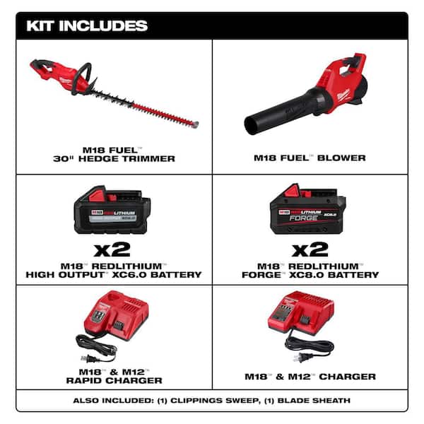 M18 FUEL 120 MPH 500 CFM 18V Brushless Cordless Handheld Blower w/ 30 in. Hedge Trimmer, (4) Batteries, (2) Charger