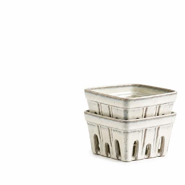 Set of 2 Ceramic Square Berry Colanders with Drainage Holes 4.2 x 4.2 x 2.6 in for Small Fruits Porcelain