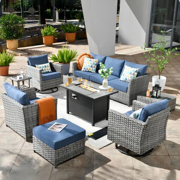 Hanes Gray 10-Piece Wicker Patio Fire Pit Sectional Seating Set with ...