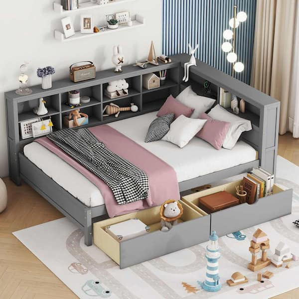 Grey Full Daybed with 2 Drawers, Storage Shelf and USB Charging Ports