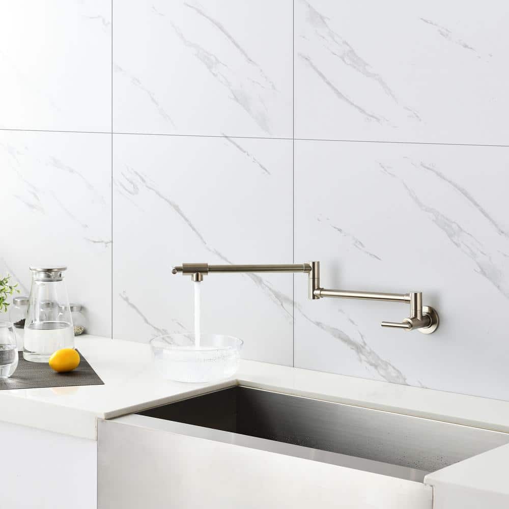 Brushed Nickel Wall-Mounted Pot Filler Faucet with Dual Handles