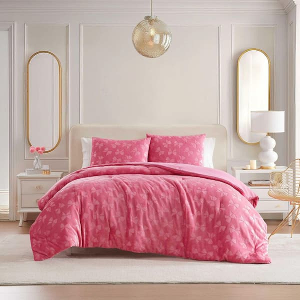 Flirty Bows 2-Piece Pink Soft Plush Twin Comforter Set
