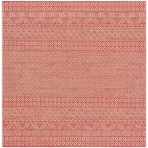 Courtyard Beige/Red 7 ft. x 7 ft. Tribal Striped Diamonds Indoor/Outdoor Patio  Square Area Rug
