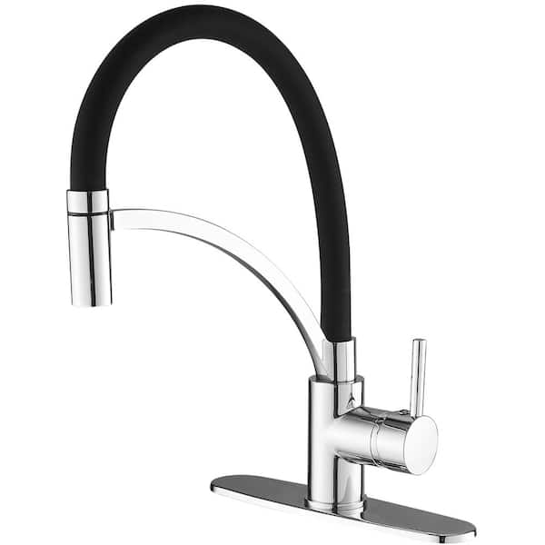Single-Handle Pull-Down Sprayer 1 Spray High Arc Kitchen Faucet With Deck Plate in Polished Chrome