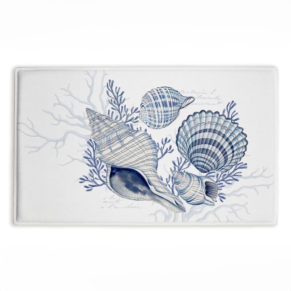 Coastal Chinoiserie Shells 18 in. x 30 in. Blue Graphic Polyester Blend Rectangle Bath Mat