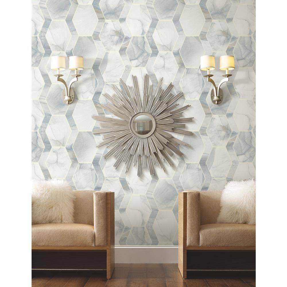 Blue and Gray Hexagon Marble Wallpaper Double Roll