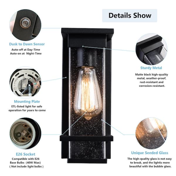 Maxax Montpelier 11.69 in. H Black Hardwired Outdoor Wall Lantern Sconce  with Dusk to Dawn (Set of 2) 2519/1WS-2PK The Home Depot