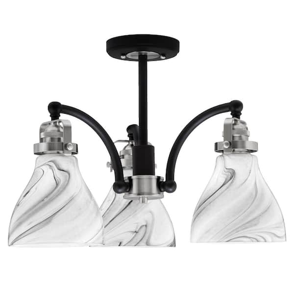 Unbranded Decatur 16.5 in. 3 Light Black and Nickel Semi-Flush with 6.25 in. Onyx Swirl Glass Shades No blulbs included