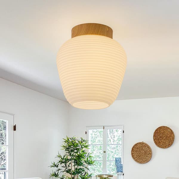 Lueck 1-Light 7.87 in. Wood Flush Mount with White Milk Glass Shade