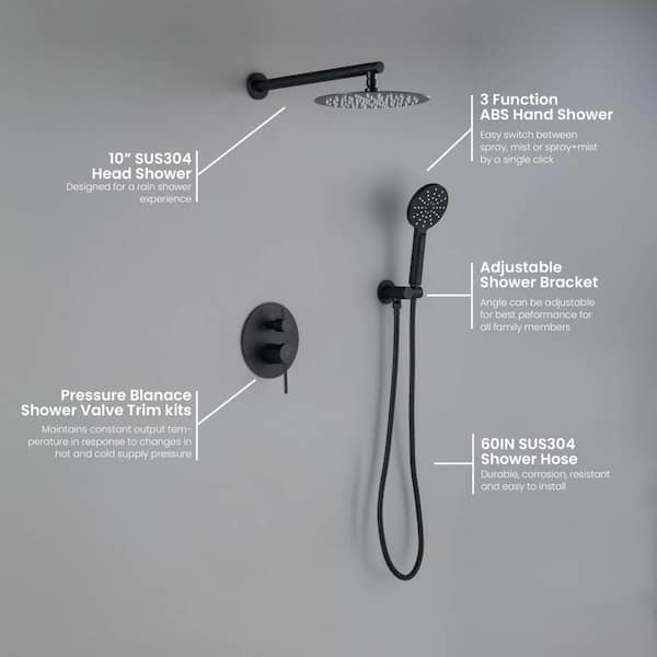 Circular Pressure Balanced 2-Function 1.8 GPM Dual Handheld Shower 1-Spray Wall Mount with Rough-in Valve Matte Black