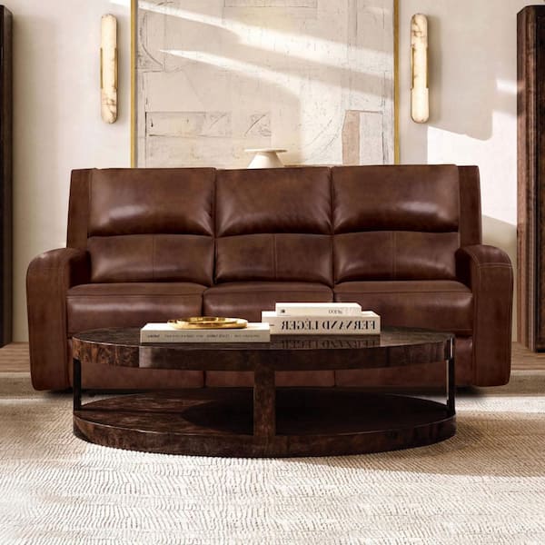 Furniture of America Donforto 86 in. Square Arm Leather Rectangle Power Sofa in Medium Brown