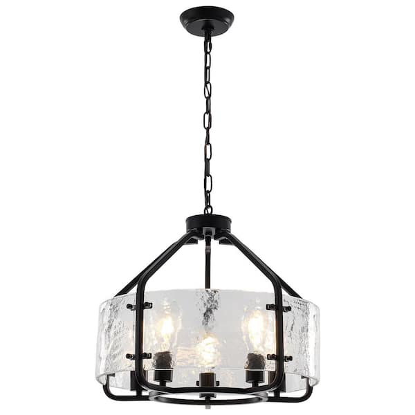 19.69 in. 5-Light Black Water Textured Glass Drum Pendant Chandelier for Foyer Dining Room