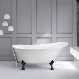 63 in. Acrylic Clawfoot Non-Whirlpool Bathtub in Glossy White With Matte Black Clawfeet And Polished Chrome Drain