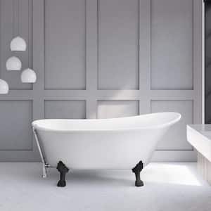 63 in. Acrylic Clawfoot Non-Whirlpool Bathtub in Glossy White With Polished Chrome Drain And Matte Black Clawfeet