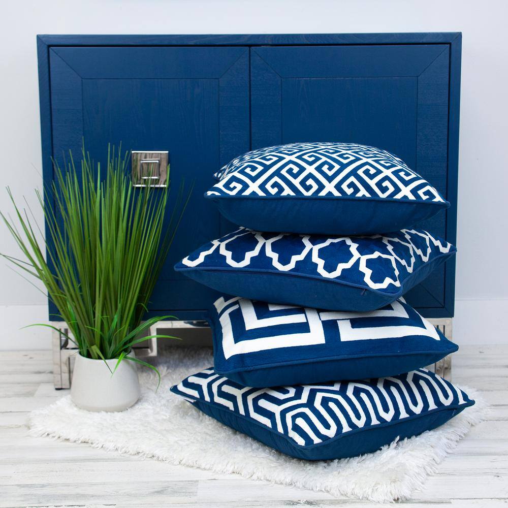 Blue and White Embroidered Geometric Square 20" Pillow