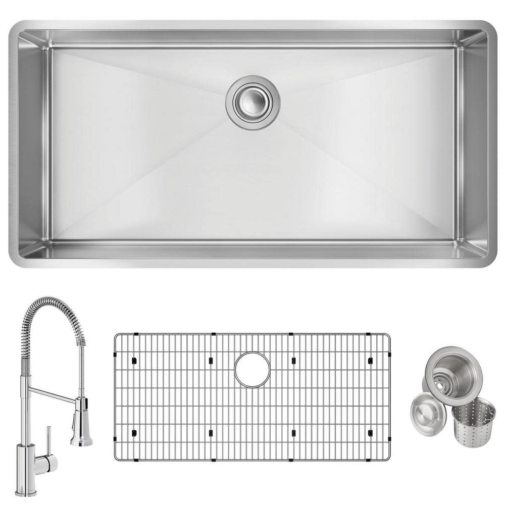 Elkay Crosstown 18-Gauge Stainless Steel 36.5 in. Single Bowl Undermount Kitchen Sink with Faucet Bottom Grid and Drain, Polished Satin -  ECTRU35179TFCBC