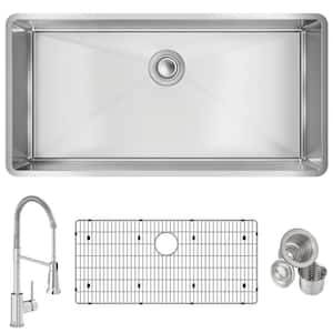 Crosstown 37 in. Undermount Single Bowl 18 G Polished Satin Stainless Steel Kitchen Sink Kit w/ Faucet and Accessories