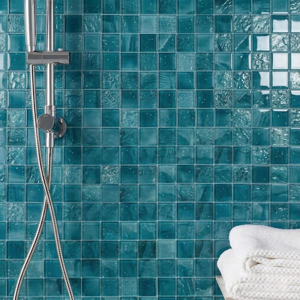 Starlight Teal Glow-in-the-Dark Pool and Wall Glass Square Mosaic Tile 12 in. x 12 in. x 8 mm (5-Piece, 5 sq. ft./Case)