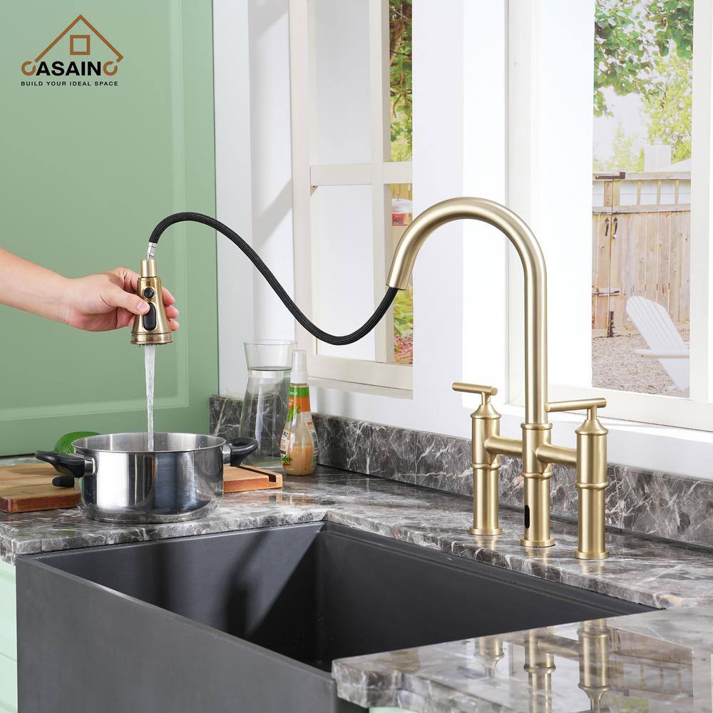 Brushed Gold Double Handle Pull-Out Spray Kitchen Faucet