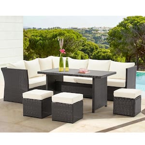 Black 7-Pieces Wicker Patio Sectional Conversation Set with Beige Cushions