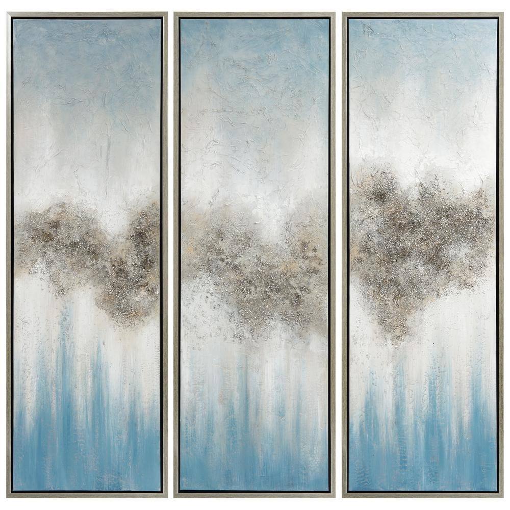 Sequence Blue and Silver Abstract Triptych Canvas Painting