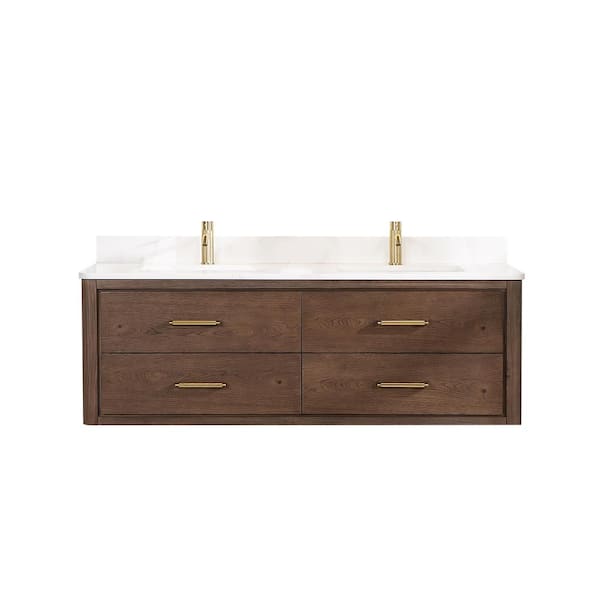 Cristo 60 in. W x 22 in. D x 20.6 in. H Double Sink Bath Vanity in Dark Brown with White Quartz Stone Top