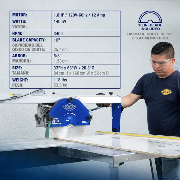 QEP 1.8 HP Motor 10 in. Blade Corded Bridge Wet Tile Saw for Large