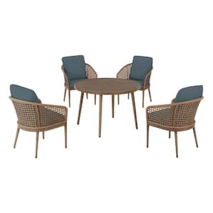 Coral Vista 5-Piece Brown Wicker and Steel Outdoor Patio Dining Set with Sunbrella Denim Blue Cushions