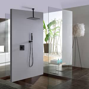 2-Spray Patterns with 2.5 GPM 11 in. Rectangle Ceiling Mount Rain Dual Shower Heads in Matte Black